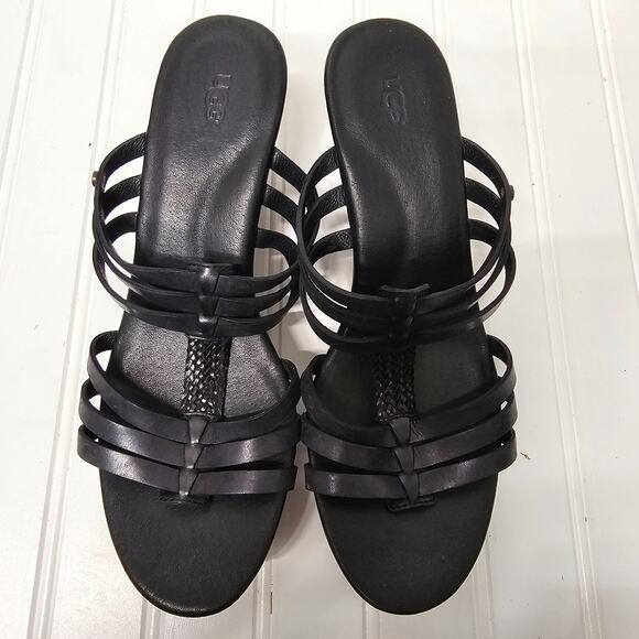 UGG Leather Mattie Strappy Black Wedge Heels Sandals Womens 9 - Picture 1 of 6